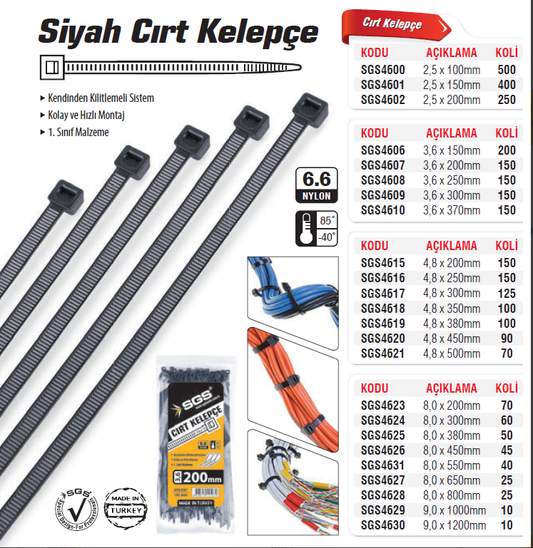 SGS4601 PLASTİK CIRT KELEPÇE KABLO BAĞI KLİPS 2.5X150 MM SİYAH